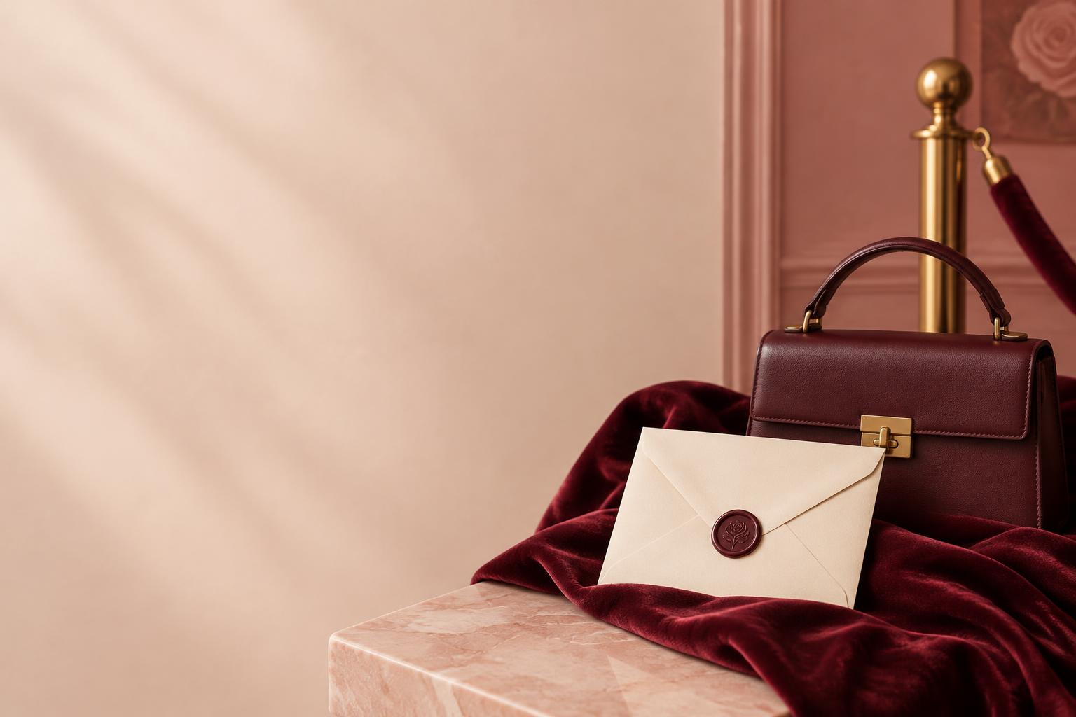 A cream invitation sealed in rose beside a burgundy handbag and velvet rope